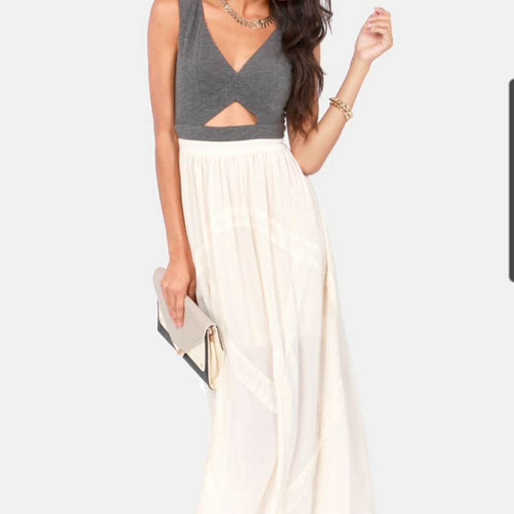 Lulu's The Max of Life Gray & Cream Maxi Dress